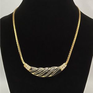 Trifari Vintage Gold Tone Black Enamel With Clear Rhinestones Necklace, Signed